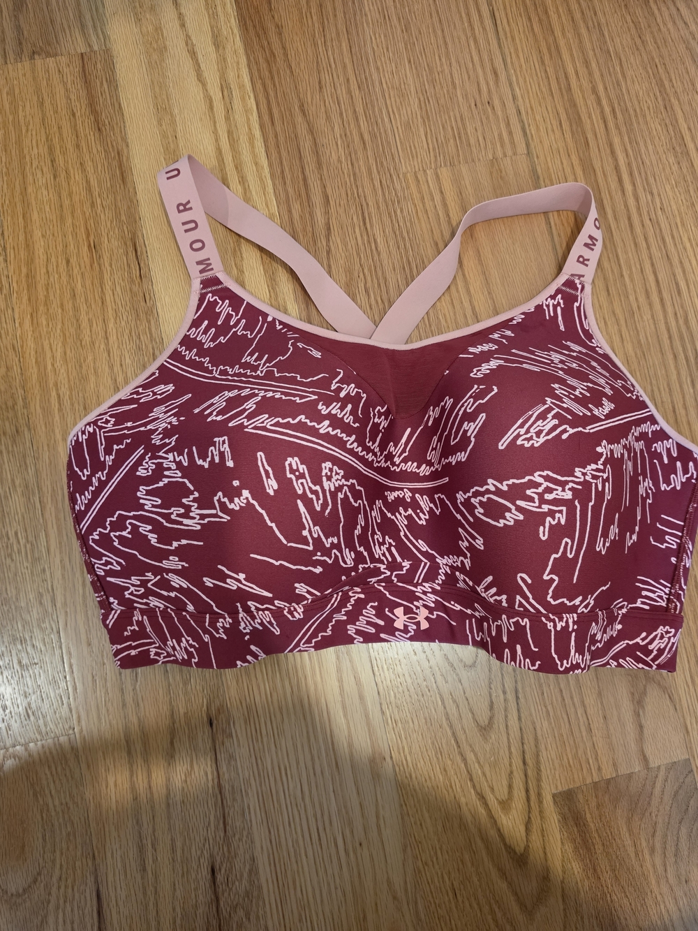 Under Armour Burgundy Sports Bra with Pink Straps and White Abstract Print